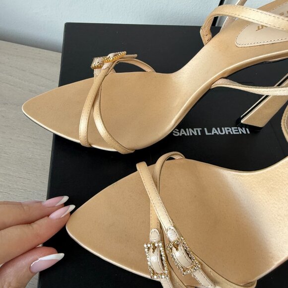 NWB Saint Laurent Lila Sandals Beige Satin Ankle Strap High Heels Sz 39 - Picture 12 of 15